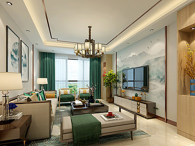 新中式客厅沙发电视柜吊灯模型3d模型