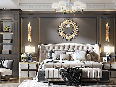 美式卧室床品吊灯椅子模型3d模型