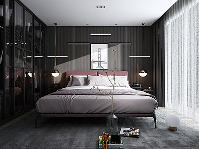 黑白灰卧室双人床模型3d模型