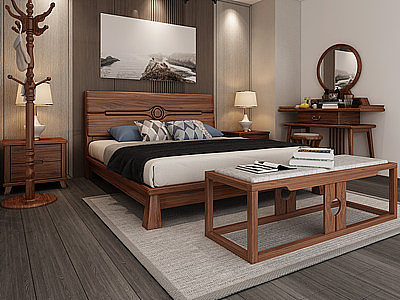 3d中式卧室床化妆台模型