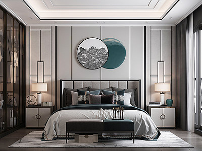 新中式卧室挂画双人床模型3d模型