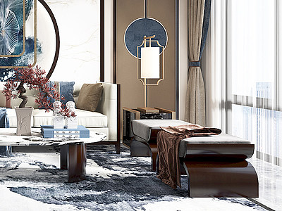 新中式客厅沙发茶几模型