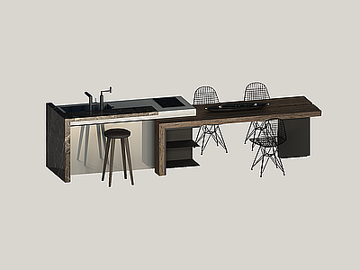 3d厨房橱柜岛台吧椅模型