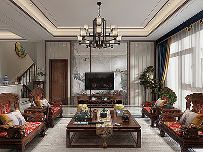中式客厅实木沙发模型