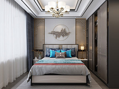 新中式卧室床床头柜模型3d模型