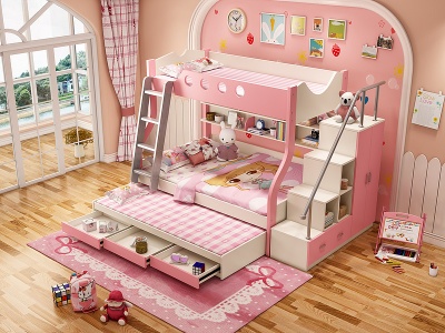 3d美式卧室儿童上下床模型