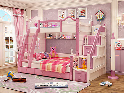3d美式卧室儿童上下床模型