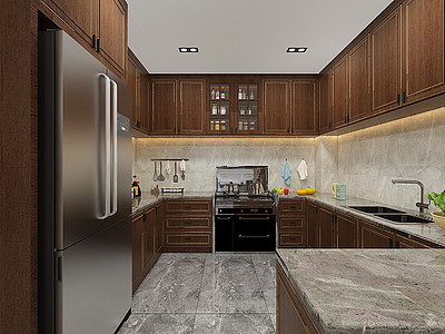 3d新中式厨房橱柜冰箱模型