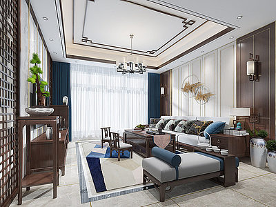 3d新中式客厅家具L型沙发模型