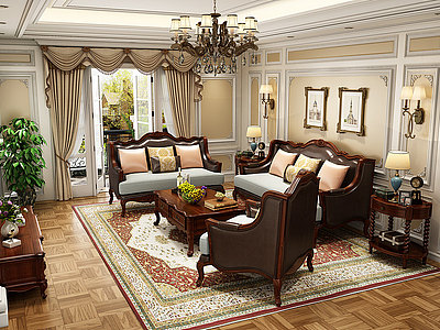 3d美式客厅多人沙发模型