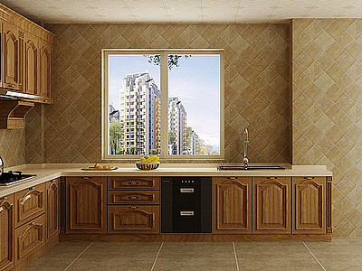 3d欧式实木厨房橱柜模型