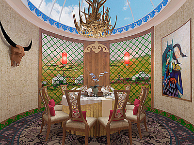 3d中式蒙古包餐厅桌椅灯笼模型