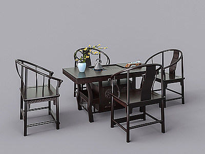 中式红木茶桌椅组合模型