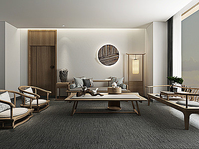新中式民宿客厅茶桌椅模型