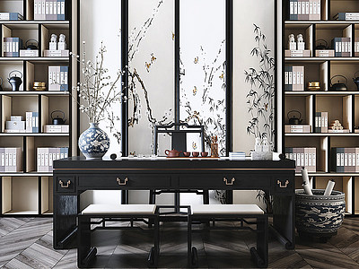 新中式风格书桌椅书柜模型