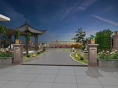 新中式花园阳台屋顶花园3d模型