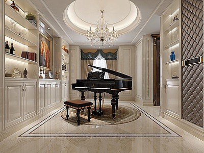 欧式古典休闲娱乐室钢琴房模型