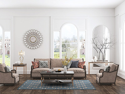 3d美式客厅单人沙发茶几模型