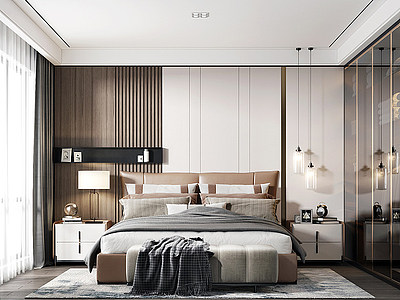 3d卧室床组合床头柜衣柜模型