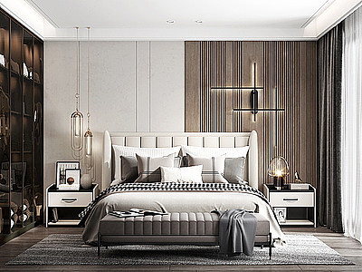 3d卧室床组合床头柜吊灯模型
