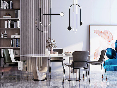 3d简约餐厅餐桌餐椅吊灯模型