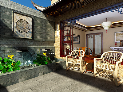 中式阳台休息室整体模型
