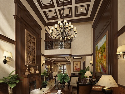 美式复古别墅客厅整体模型
