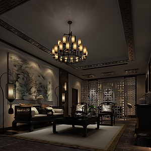 新中式夜景豪华客厅整体模型