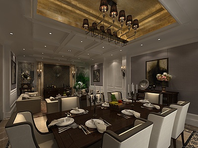 现代奢华客厅餐厅整体模型
