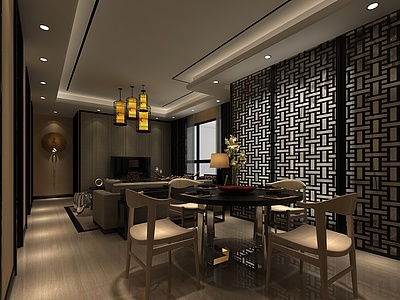 中式客厅餐厅整体模型