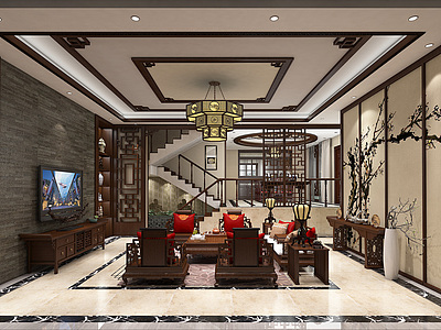 中式别墅客厅整体模型