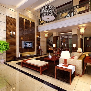 中式别墅客厅整体模型