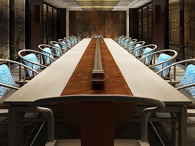 现代中式会议室整体模型