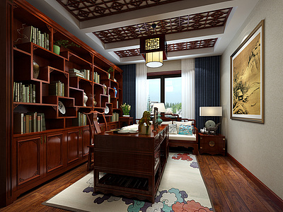 中式书房整体模型