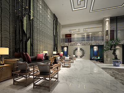 新中式酒店大厅整体模型