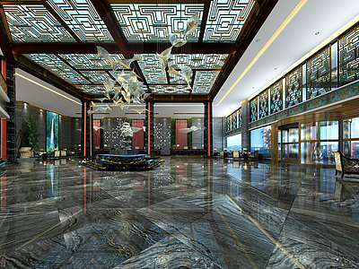新中式酒店大堂整体模型