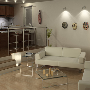现代客厅厨房结合整体整体模型