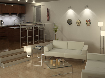 现代客厅厨房结合整体整体模型