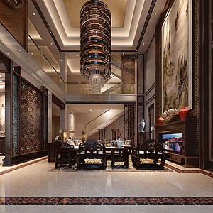中式风格客厅餐厅整体模型