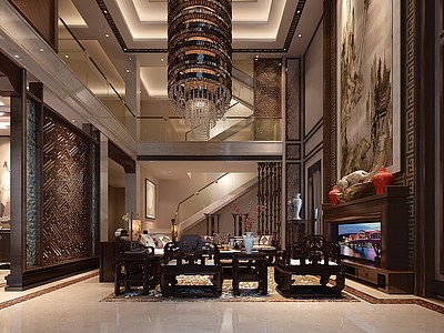 中式风格客厅餐厅整体模型