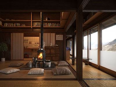 日式书房客厅结合整体模型