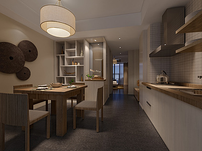 现代家装开放厨房餐厅整体模型
