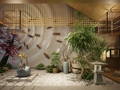 中式园林庭院整体模型