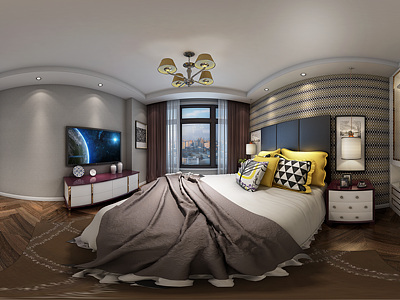 新中式全景卧室整体全景模型