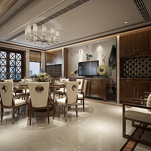 新中式厨房餐厅客厅整体模型