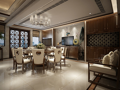 新中式厨房餐厅客厅整体模型