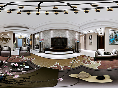 新中式客厅全景模型3d模型