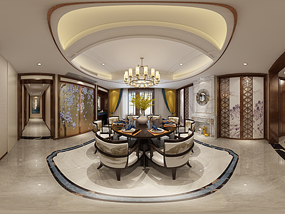新中式客餐厅全景模型整体全景模型