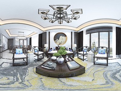 中式客厅全景3d模型