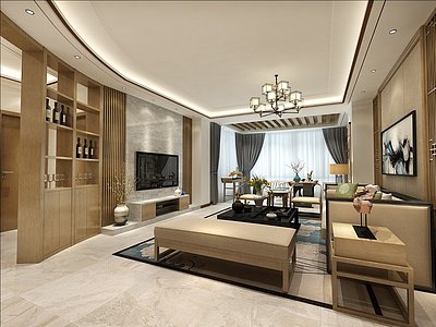 新中式，客厅，餐厅，卧室整体模型
